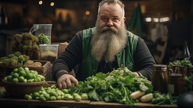 Man With Long Beard Sitting at Table Full of Vegetables