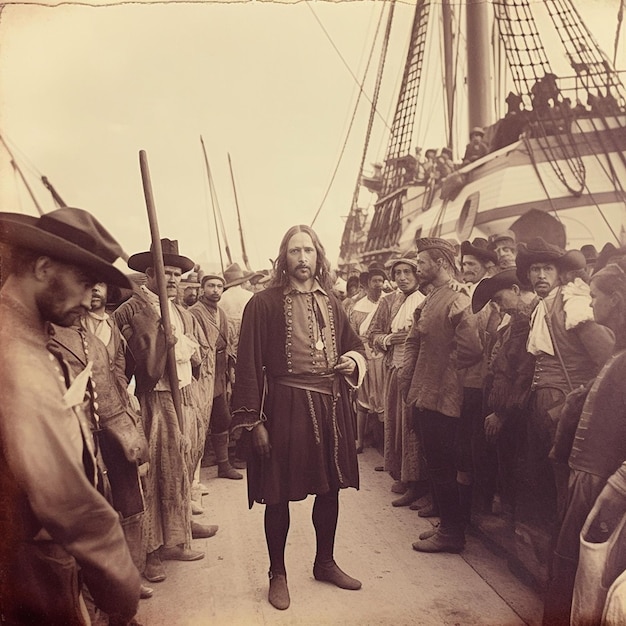 Photo a man with a long beard stands in front of a crowd of people.