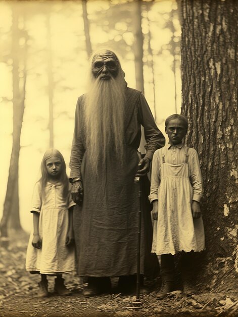 Photo a man with a long beard stands next to two children