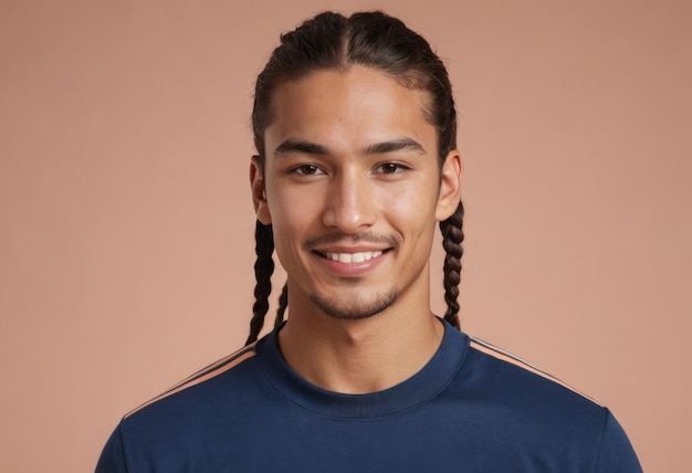 A man with long braided hair smiles gently wearing a blue shirt the background is peach