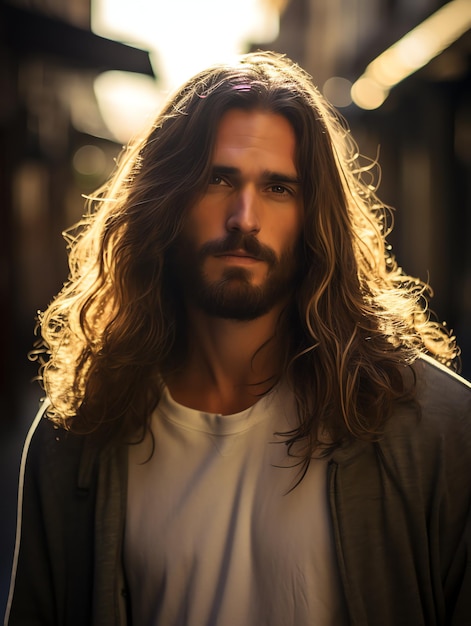 man with long brown hair on a street in Rome travel man with landscape travel blog