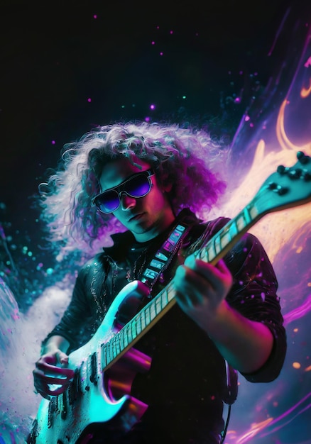 길고 곱슬 머리카락을 가진 남자가 다채로운 빛의 스플래시 배경으로 전기 기타를 연주하고 있습니다.