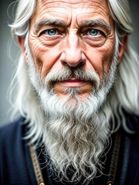 Photo a man with a long gray beard and a blue eyes is looking at the camera.