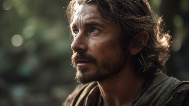 A man with long hair and a beard looks into the distance.