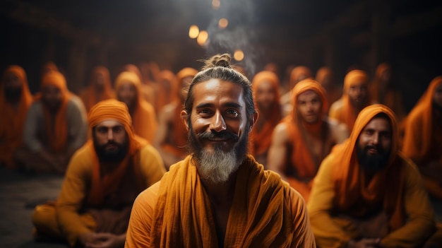 Man With Long Hair and Beard Sitting in Front of Group of Men