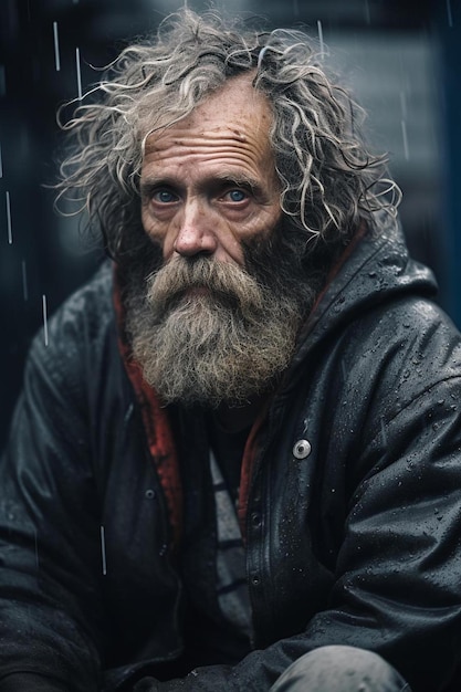 a man with long hair and a beard sitting in the rain