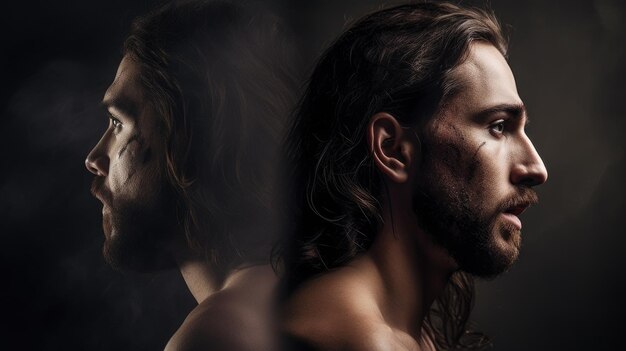 A man with long hair and a beard stands in front of a dark background.