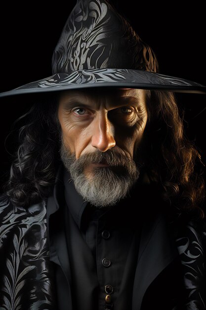 Man with long hair and beard wearing hat and black shirt Generative AI