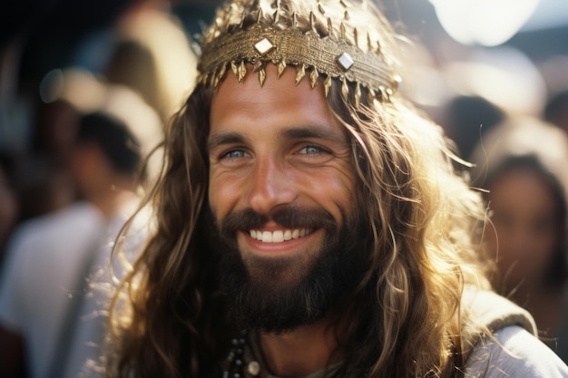 a man with long hair and a crown on his head