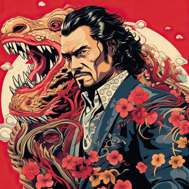 a man with long hair and a dragon