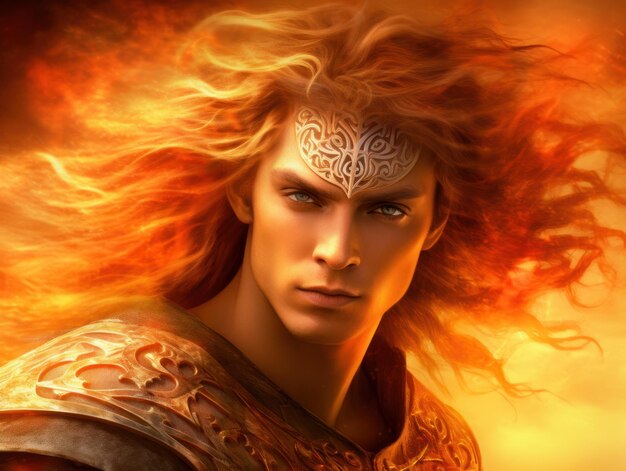 A man with long hair and a fiery crown