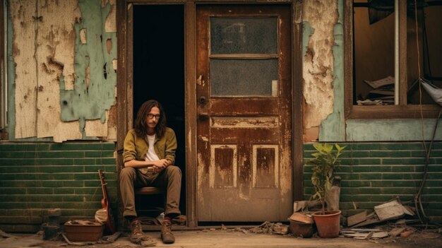 Photo a man with long hair and glasses is sitting