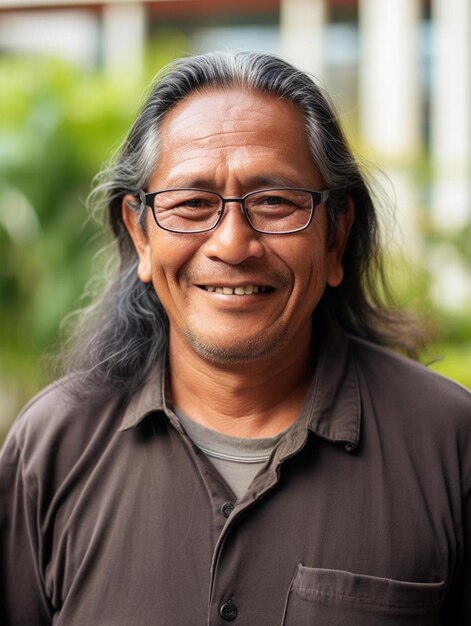 Foto un uomo con i capelli lunghi e gli occhiali sta sorridendo