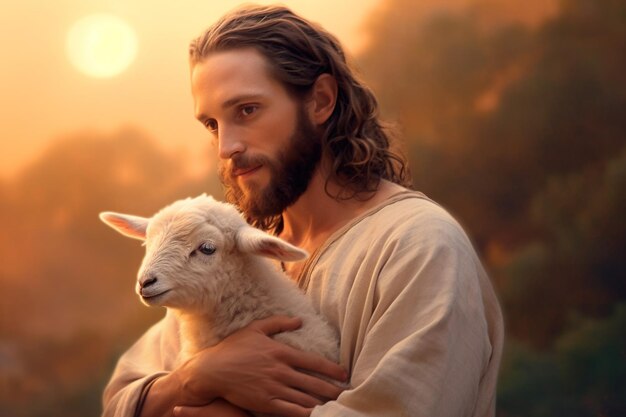 Photo a man with long hair holding a sheep generative ai image