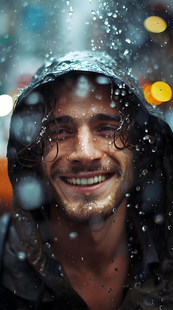 a man with long hair and a hoodie on his head is smiling