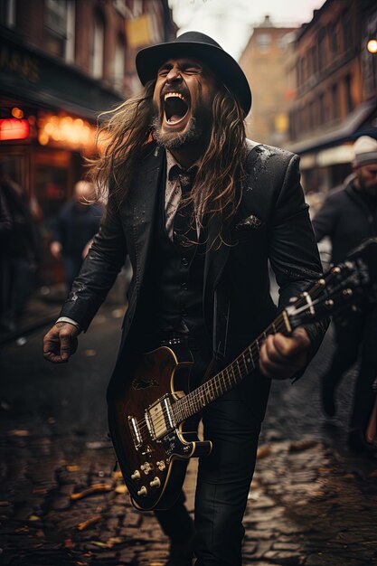 Photo a man with long hair is playing a guitar