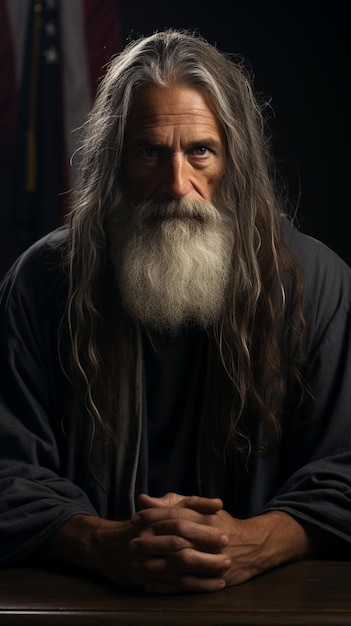 a man with long hair and a long beard is sitting in front of a black background.