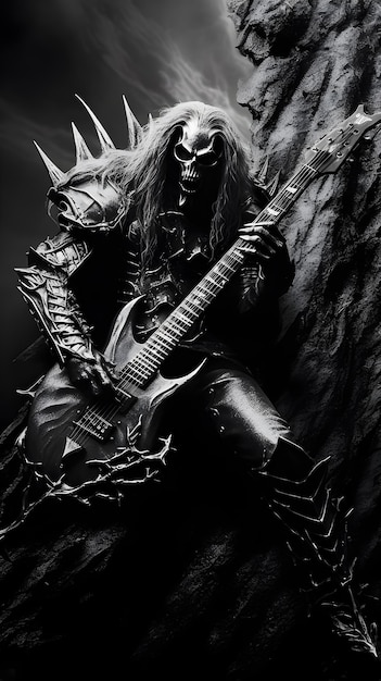 Foto un uomo con i capelli lunghi che suona la chitarra davanti a un albero.
