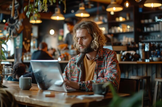 a man with long hair and a shirt on and a shirt with laptop