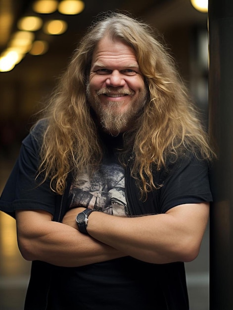 Photo a man with long hair and a shirt that says  the word  on it