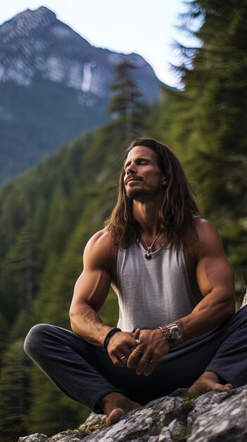 Photo a man with long hair and a shirt with the word  on it