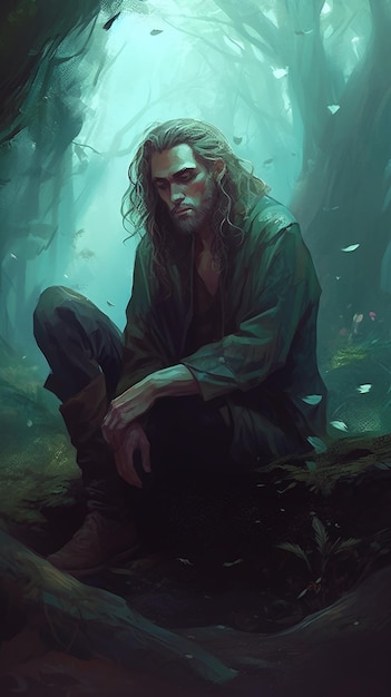 A man with long hair sitting alone in forest
