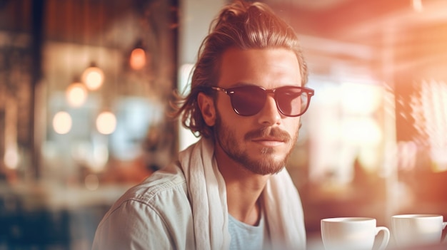 Foto un uomo con i capelli lunghi e gli occhiali da sole seduto a un tavolo ai