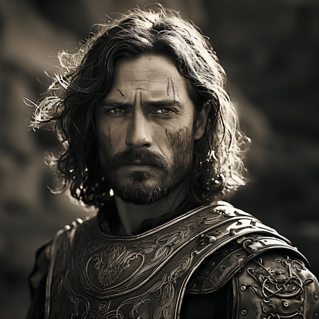 a man with long hair wearing a leather armor