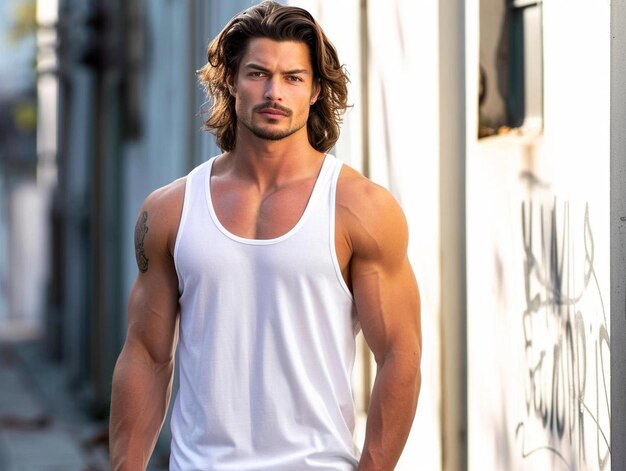 Photo a man with long hair and a white tank top