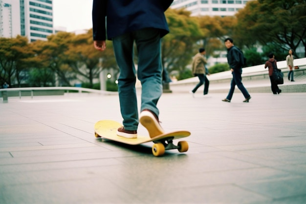 A man with long jeans play skateboard in park