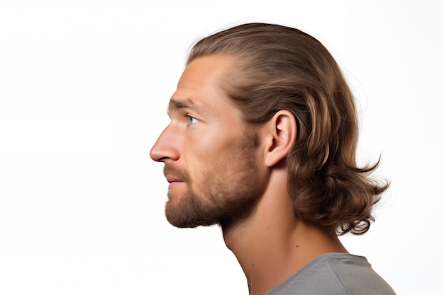 Photo man with long wavy hair gazing thoughtfully to the distance