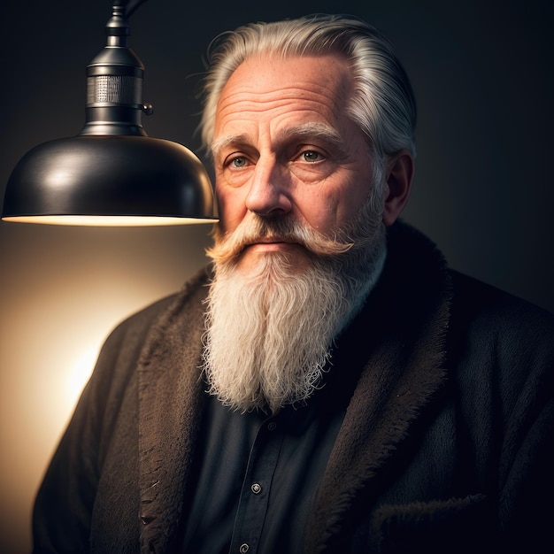 A man with a long white beard and a black jacket is looking at the camera