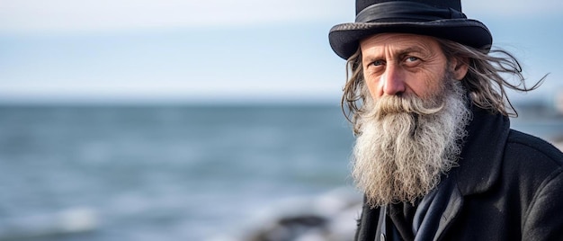 Un uomo con una lunga barba bianca e un cappello nero