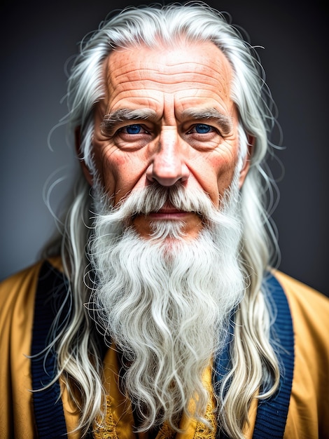 A man with a long white beard and blue eyes is looking at the camera.