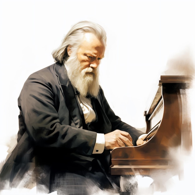 a man with a long white beard playing a piano