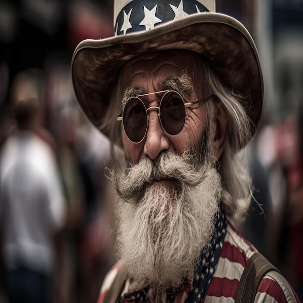 A man with a long white beard and a usa flag shirt.