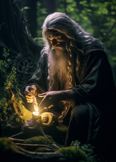 Photo a man with long white hair and a beard lighting a small candle