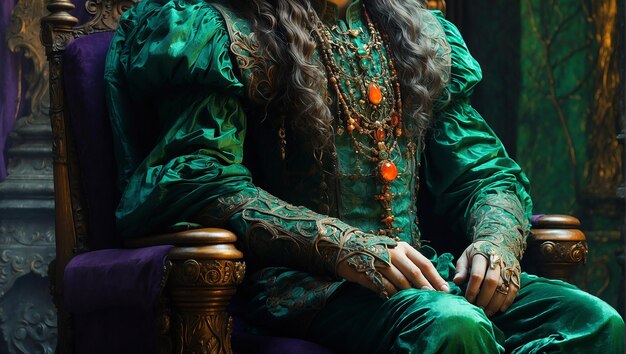 A man with long white hair and green robes is sitting on a throne