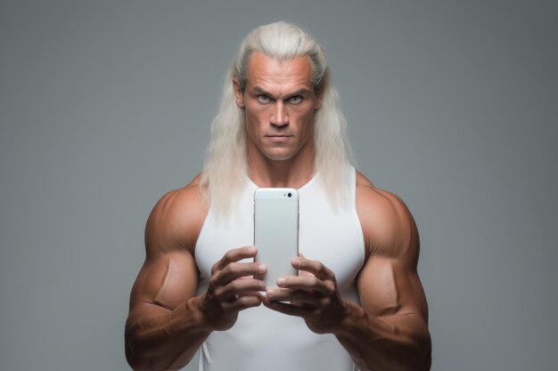 Photo a man with long white hair holding a cell phone suitable for technology and communication concepts