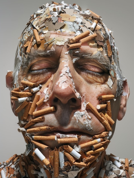 a man with a lot of cigarettes wrapped around his face