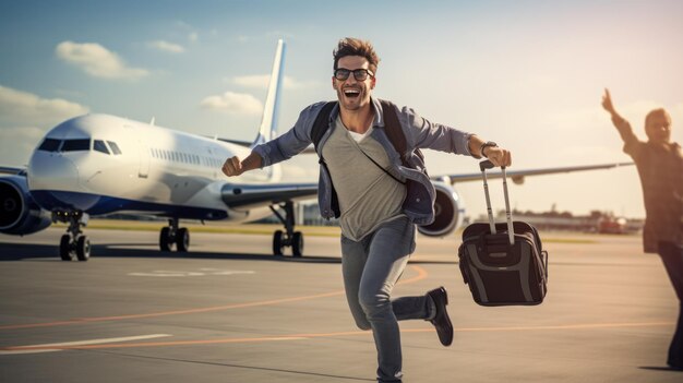 Man with luggage in the background of a private plane