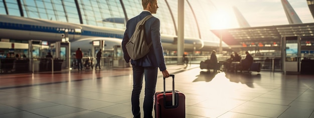 荷物を持った男が空港の建物で飛行機を待っている