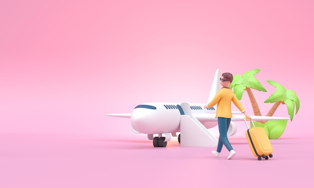 Man with Luggage Walking to Airplane 3D Illustration