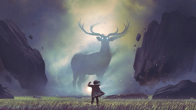 the man with a magic lantern facing the giant deer in a mysterious valley, digital art style, illustration painting