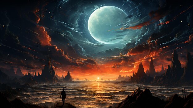 A man with a magic spear conjures a swirling sea in the sky in a digital art style