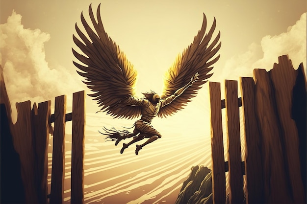 A man with magical wings jumping from a wooden bridge flying into the sky below digital art style illustration painting fantasy concept of a man with magical wings