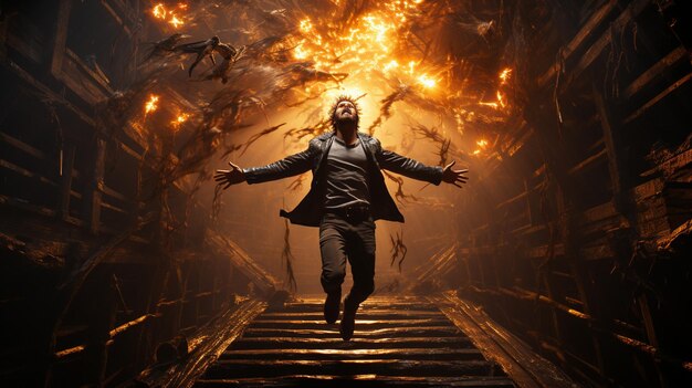 A man with magical wings jumping from a wooden bridge flying into the sky below