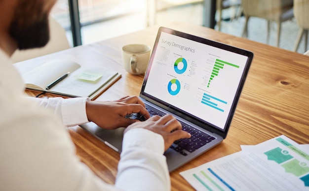A business owner reviewing marketing analytics on a laptop.