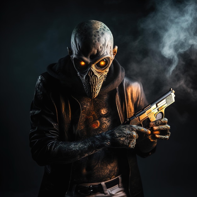 A man with a mask and glowing eyes holding a gun in front of a black background