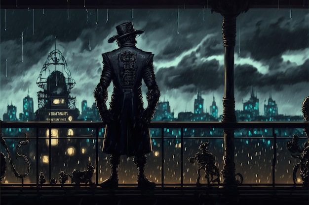 The man with the mechanical arm looking at the megacity at rainy nigh digital art style illustration painting fantasy concept of a man with the mechanical arm